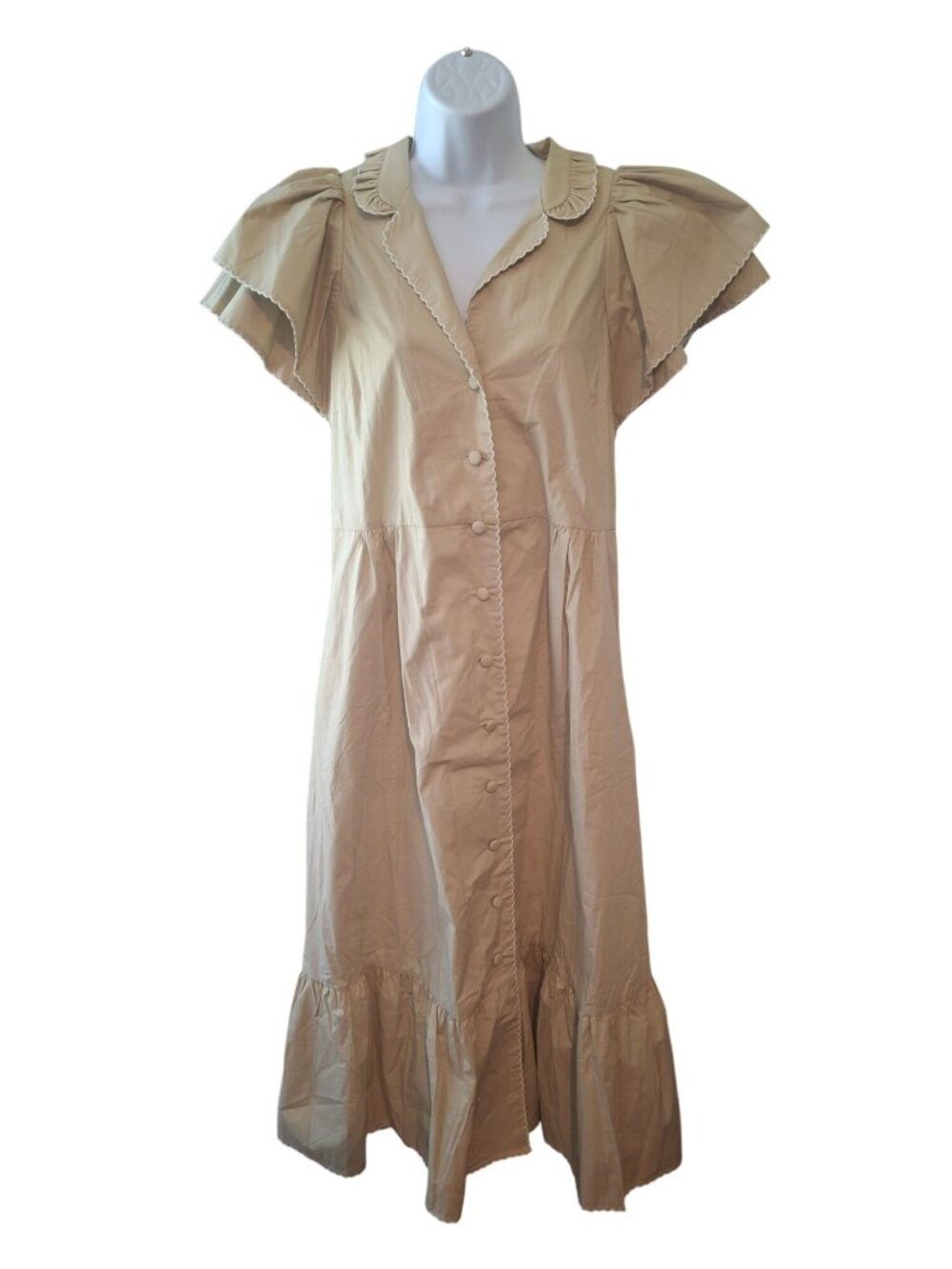 Tuckernuck Womens S Tan Ruffle Button Front Maxi Dress Coastal Preppy Cottage
